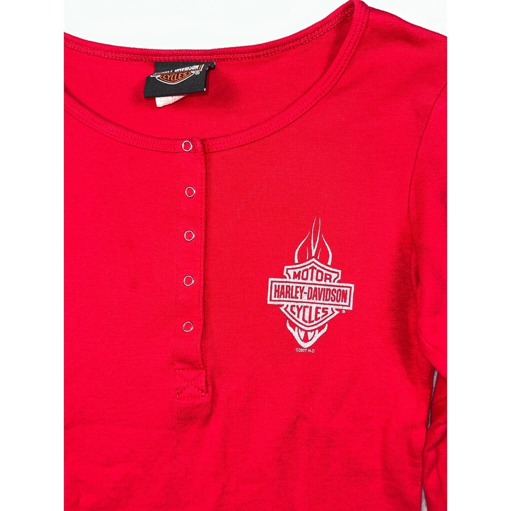 Harley Davidson Womens Red Ribbed Henley Long Sleeve Deadwood SD Shirt XS USA